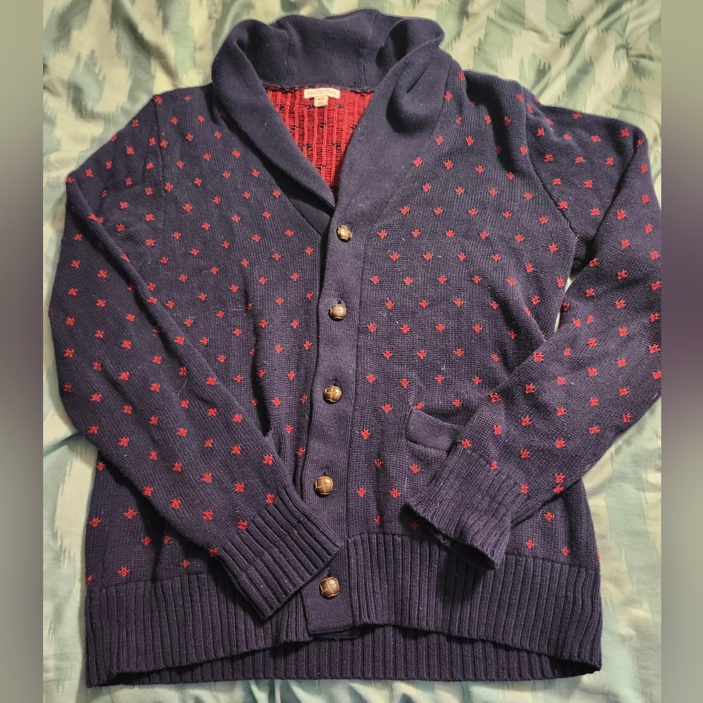Merona Shawl Collar Cardigan Sweater Navy Red Dot Knit Button Front Men's Medium